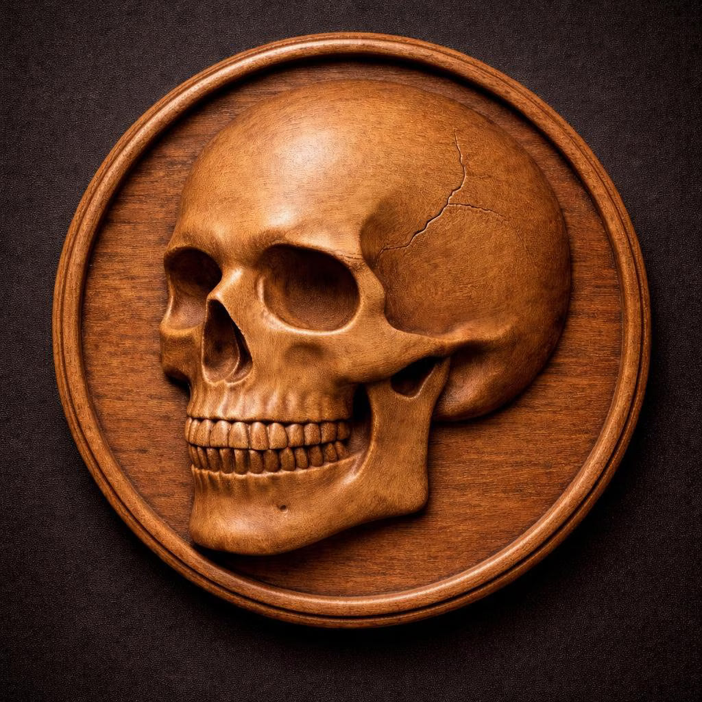 The Skull Medallion Relief STL File by Form Arcade features a detailed carved skull in a round frame, ideal for CNC wall art. The bas relief design stands out against a dark background, showcasing intricate textures and features.
