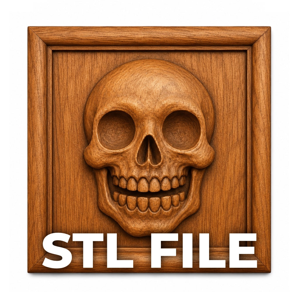 The Skull Portrait Relief STL File by Form Arcade is a digital design for CNC wall art, featuring a carved wooden skull in relief; "STL FILE" appears in bold white letters at the bottom.