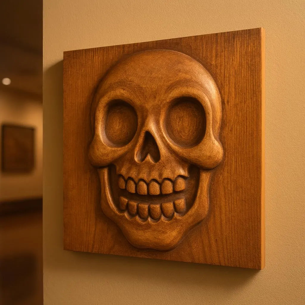 The Skull Portrait Relief STL File by Form Arcade is CNC wall art featuring prominent skull details. Displayed on a beige wall, its bold design and soft lighting create striking shadows, making it a standout decorative piece.