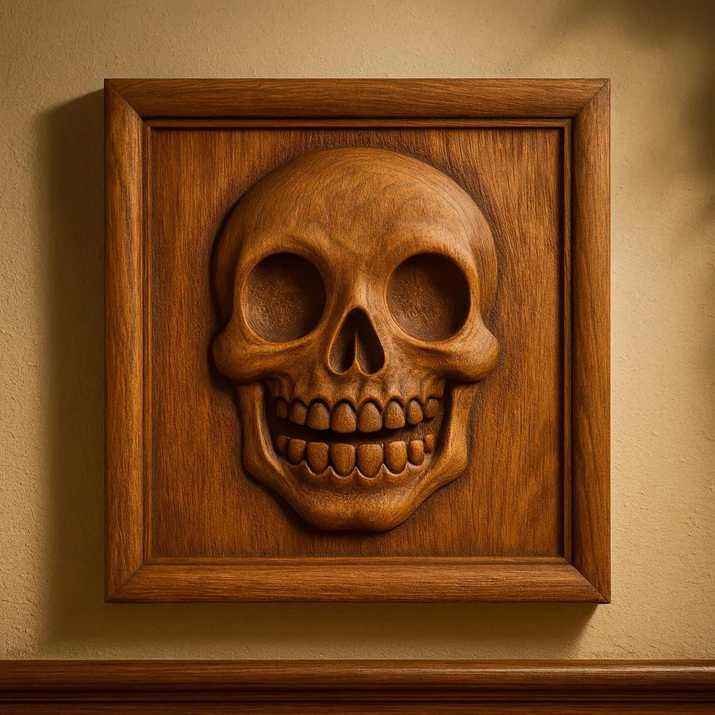 The Skull Portrait Relief STL File by Form Arcade is a detailed wooden human skull carving, displayed in a square frame on a beige wall—ideal CNC wall art for unique bas relief or skull portrait projects.