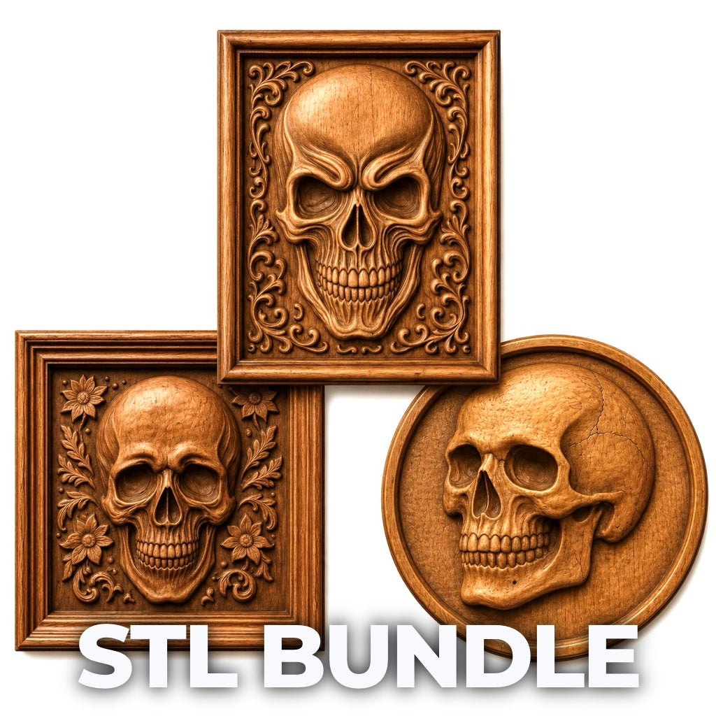 Three ornate wooden frames with carved skull designs and unique backgrounds are displayed above the bold text “Skull Relief 3-Pack CNC STL Bundle | Gothic CNC Wall Art” by Form Arcade, set on a white background.