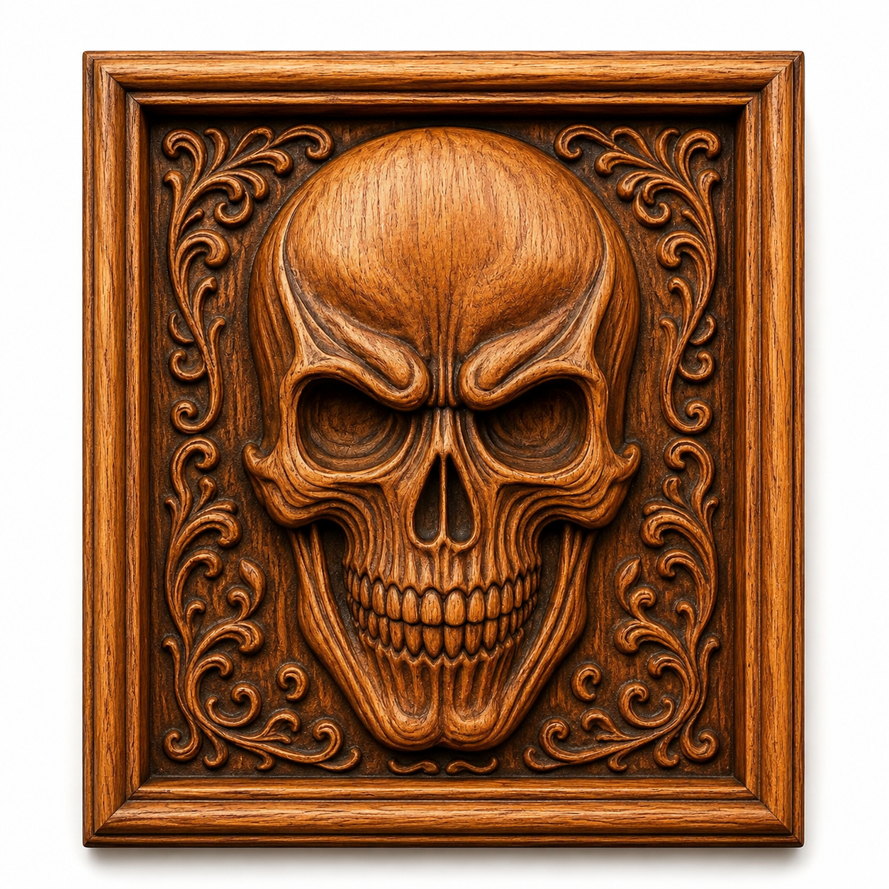 The Skull Relief 3-Pack CNC STL Bundle by Form Arcade features detailed wooden skull carvings with ornate patterns, perfect for Gothic CNC wall art and woodworking projects. Ideal for relief carving enthusiasts.