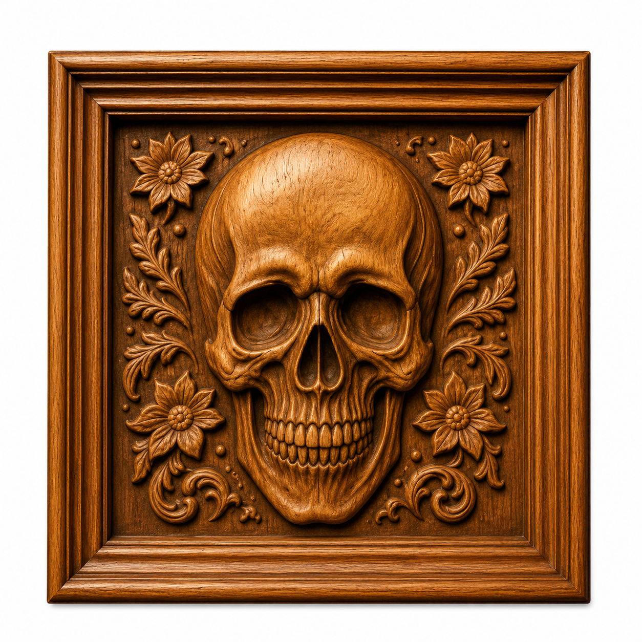 The Skull Relief 3-Pack CNC STL Bundle by Form Arcade features detailed gothic wall art, with intricate wooden skull and floral carvings—ideal for woodworking projects and impressive craftsmanship.