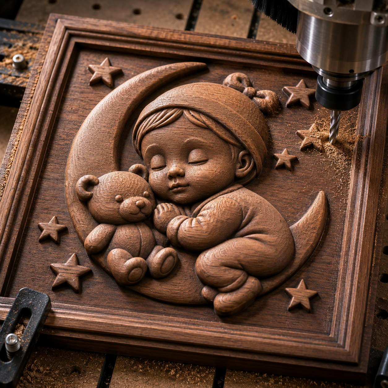 The Sleeping Baby Girl Moon Relief STL File by Form Arcade features a CNC-ready bas relief of a child with a teddy bear on a crescent moon, surrounded by stars—perfect nursery wall art and ideal for woodworking projects.