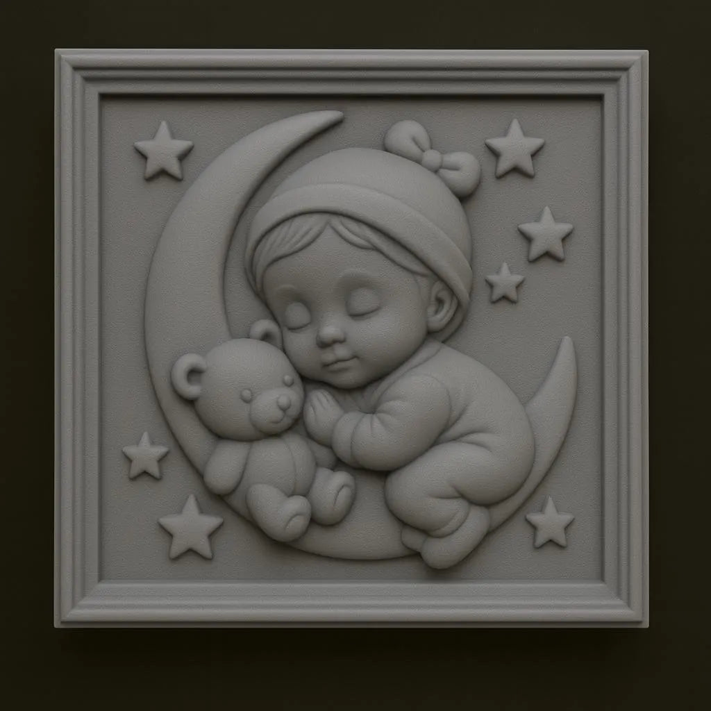The Sleeping Baby Girl Moon Relief STL File by Form Arcade is a CNC wall art design featuring a baby girl on a crescent moon with stars—perfect for nursery decor.