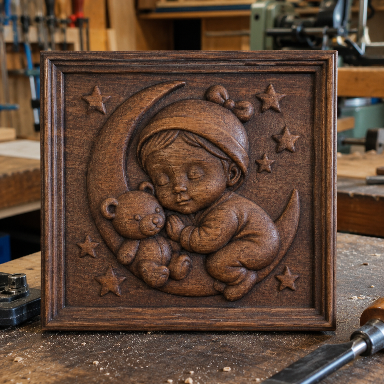 The Sleeping Baby Girl Moon Relief STL File by Form Arcade is a CNC wall art design for nurseries, featuring a baby girl and teddy bear cuddled on a crescent moon with stars. Displayed here on a woodworking shop workbench.