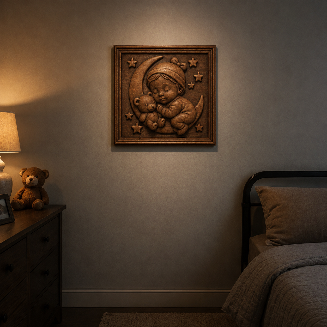 A cozy bedroom features a softly lit lamp, a teddy bear on the dresser, and Form Arcade’s "Sleeping Baby Girl Moon Relief STL File" CNC wall art showing a baby cuddling a teddy bear on a crescent moon above the neat bed.