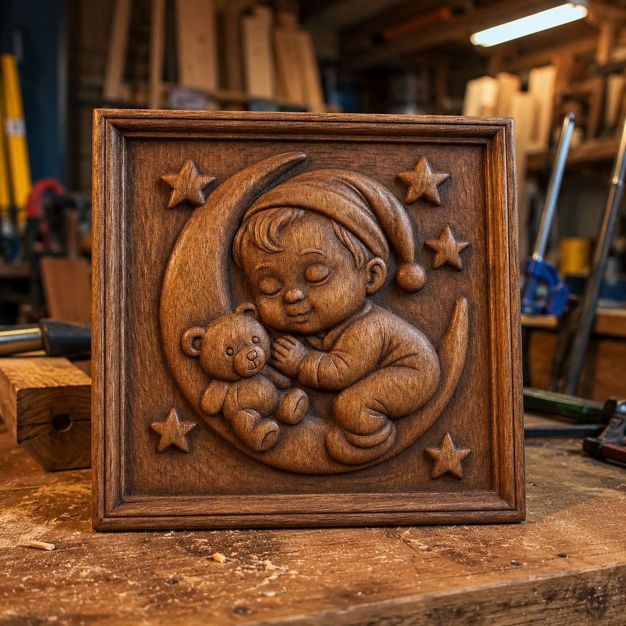 The Sleeping Baby Boy Moon Relief STL File | Nursery CNC Wall Art by Form Arcade features a wooden CNC relief carving of a sleeping baby boy in a nightcap, holding a teddy bear while resting on a crescent moon and surrounded by stars. This bas relief STL file is shown displayed on a workbench in a woodshop.