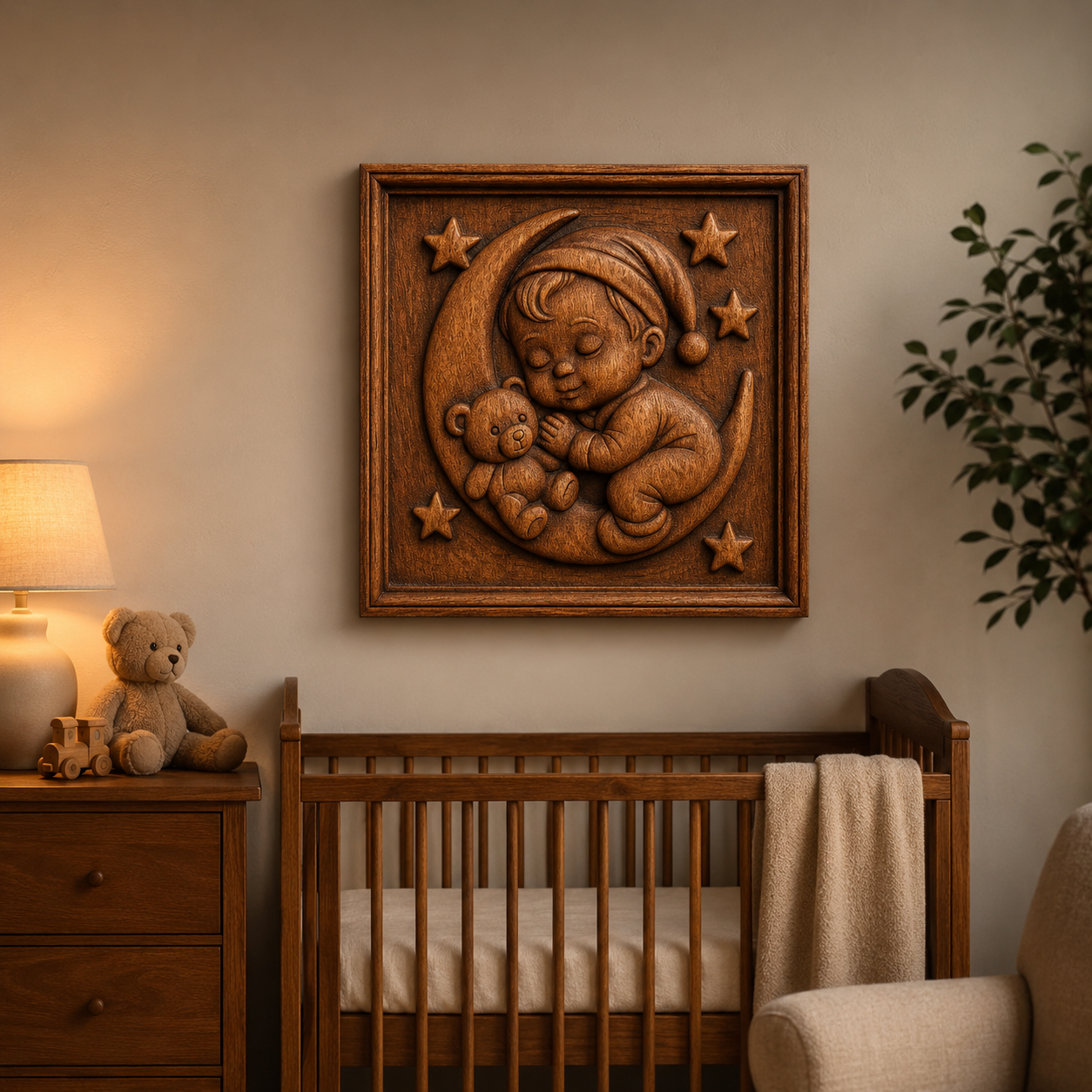 Transform your nursery into a cozy retreat with essential items like a crib, teddy bear, and lamp, complemented by the "Sleeping Baby Boy Moon Relief STL File | Nursery CNC Wall Art" from Form Arcade—a beautifully intricate wall art piece showcasing a sleeping baby boy on the moon hugging a teddy bear and surrounded by stars. The detailed CNC relief carving adds a charming touch to any child's room.