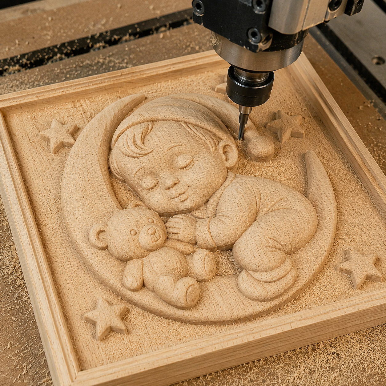 The Form Arcade "Sleeping Baby Boy Moon Relief STL File | Nursery CNC Wall Art" is a wooden bas relief CNC carving design featuring a sleeping baby boy with a teddy bear on a crescent moon, surrounded by stars.