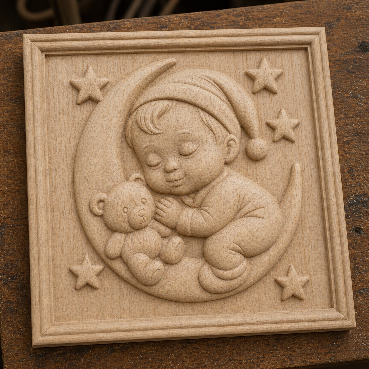 The Sleeping Baby Boy Moon Relief STL File by Form Arcade features a baby in a nightcap cuddling a teddy bear on a crescent moon with five stars—perfect CNC wall art for nurseries.