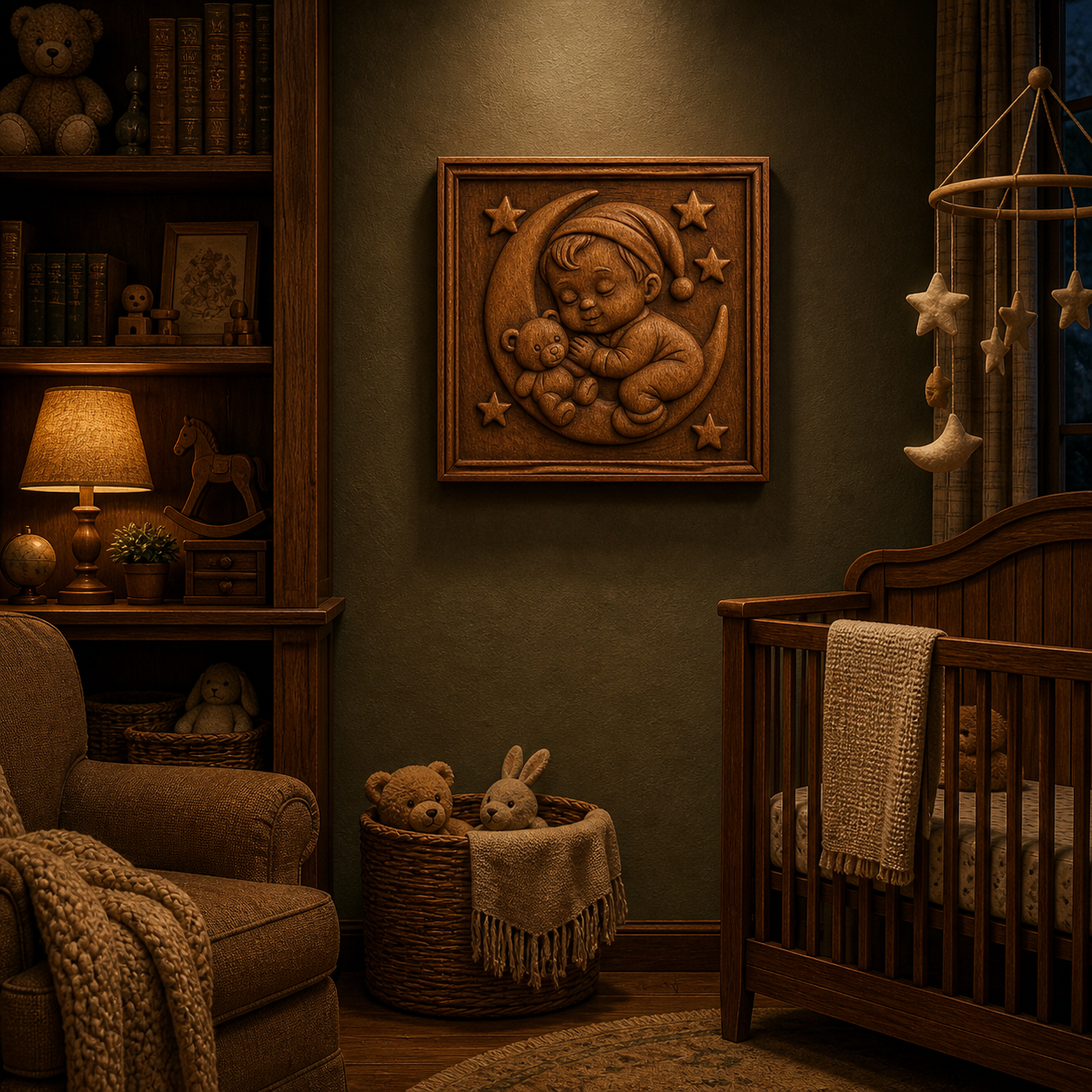 A cozy nursery with warm lighting features a crib, armchair with a knitted blanket, plush toys, books, and wooden wall art made from Form Arcade’s "Sleeping Baby Boy Moon Relief STL File | Nursery CNC Wall Art.
