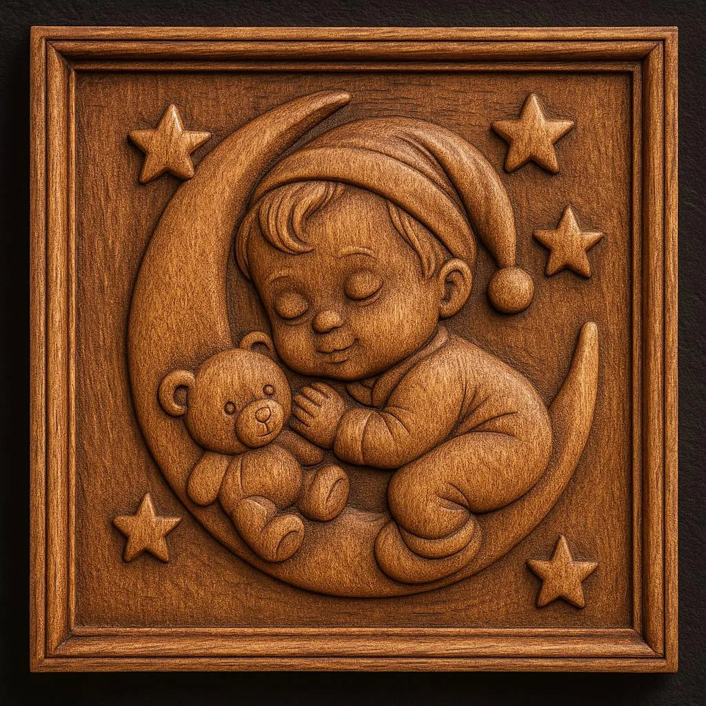 The "Sleeping Baby Boy Moon Relief STL File" by Form Arcade features a baby with a teddy bear, sleeping on a crescent moon surrounded by stars in a detailed square frame—perfect nursery CNC wall art for your 3D printing projects.