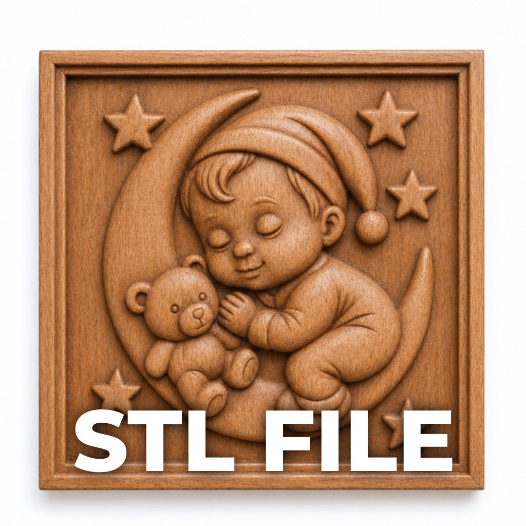 Sleeping Baby Boy Moon Relief STL File by Form Arcade shows a baby with a teddy bear on a crescent moon, surrounded by stars—perfect nursery CNC wall art or 3D printing. "STL FILE" appears at the bottom of the image.
