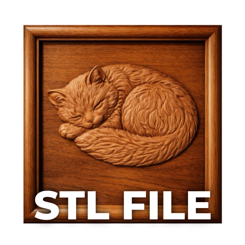 The "Sleeping Cat Relief STL File | Cat CNC Wall Art" by Form Arcade is a wooden framed relief of a curled up cat, ideal for CNC carving or 3D printing, with "STL FILE" shown at the bottom of the image.