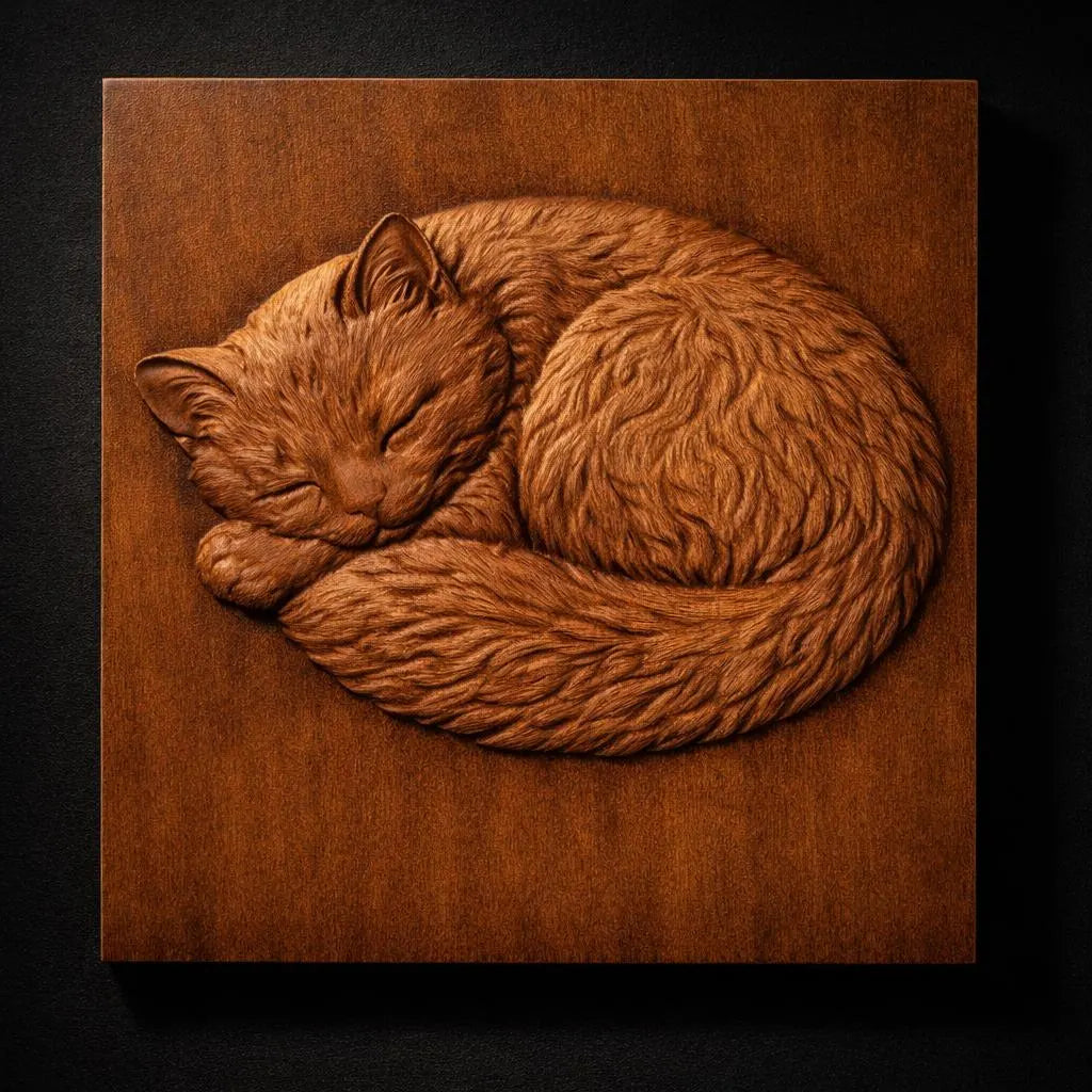 The Sleeping Cat Relief STL File by Form Arcade is a detailed cat CNC wall art, featuring a curled-up feline on a warm brown square panel—perfect for CNC carving or 3D printing.