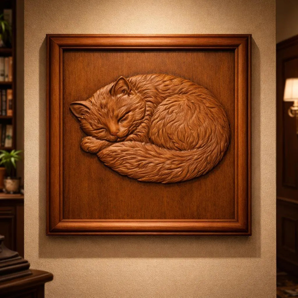 The Sleeping Cat Relief STL File by Form Arcade is a detailed cat CNC wall art piece, beautifully framed and displayed in a cozy room with warm lighting, bookshelves, and plants for a charming accent.