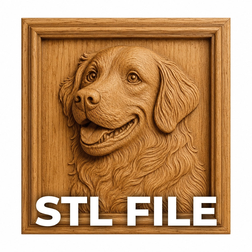 Form Arcade’s Smiling Dog Portrait Relief STL File is a carved wooden dog head in a square frame with “STL FILE” at the bottom—perfect CNC wall art for 3D printing or carving dog lovers will enjoy.