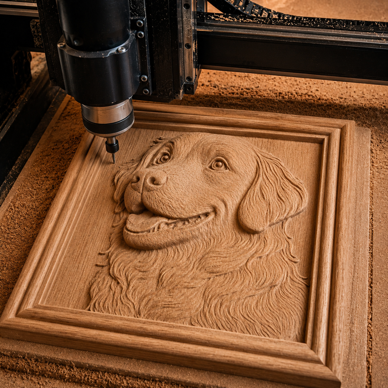 The Smiling Dog Portrait Relief STL File by Form Arcade lets you CNC carve a detailed 3D smiling dog onto a square wooden panel, perfect for unique wall art.