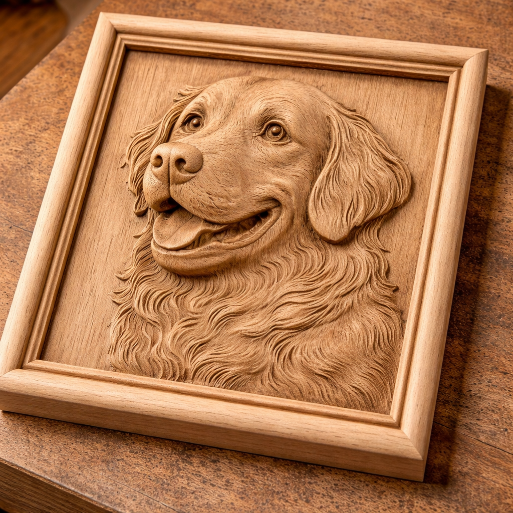 smiling dog portrait relief stl file during cnc carving process on wood panel, visible toolpath texture and carved depth in dog face design, cnc router file for pet portrait woodworking, animal stl model for creating physical wall art, carved dog decor for home or gift use