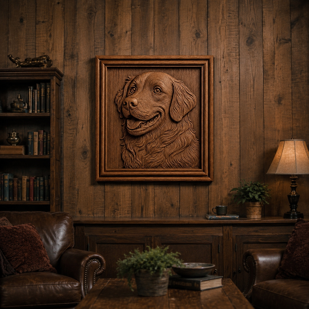 A cozy living room with wood-paneled walls showcases the Form Arcade Smiling Dog Portrait Relief CNC wall art, framed beside bookshelves, a leather chair, a lamp, and potted plants, creating a warm and inviting atmosphere.