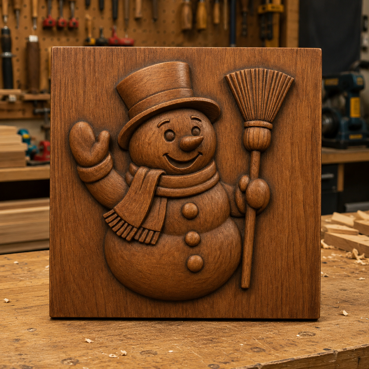 A charming wooden carving—a smiling snowman with a top hat, scarf, and broom—sits atop a workbench in a woodworker’s shop. Let the "Snowman Winter Relief STL File | Christmas CNC Wall Art" by Form Arcade inspire your next winter-themed woodworking or relief project.