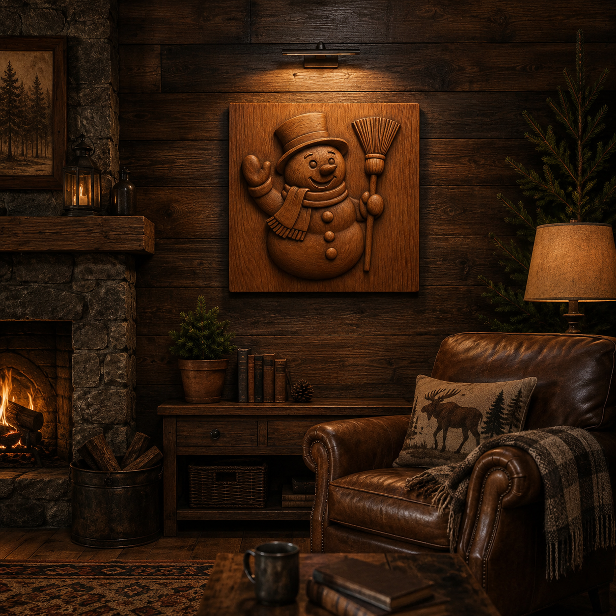 A cozy rustic living room features a leather armchair, moose pillow, stone fireplace, pine trees, and a charming wooden snowman created from the Snowman Winter Relief STL File by Form Arcade—perfect inspiration for your Christmas CNC wall art or woodworking projects. Warm lighting completes the inviting, cabin-like atmosphere.