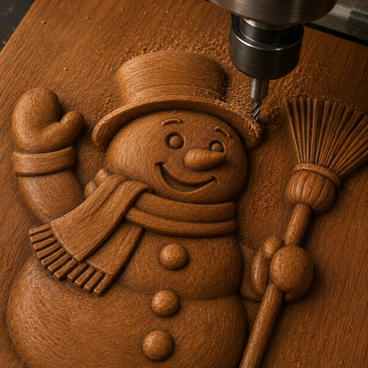 A CNC machine carves a smiling snowman wearing a hat, scarf, and holding a broom into wood, with wood shavings adding to the scene—making this Form Arcade "Snowman Winter Relief STL File | Christmas CNC Wall Art" an ideal woodworking or CNC carving project.