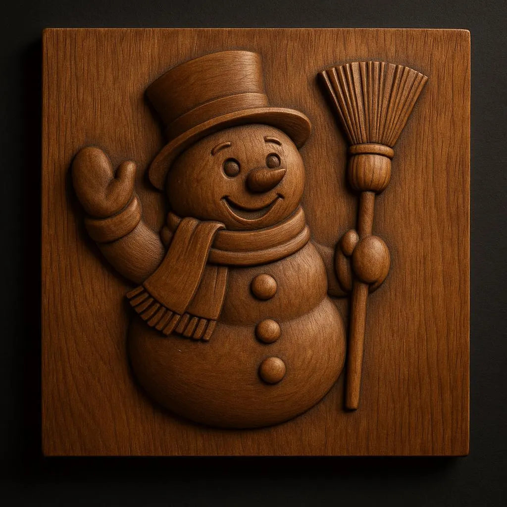 The Snowman Winter Relief STL File by Form Arcade features a cheerful snowman in scarf and top hat, holding a broom—perfect Christmas CNC wall art for carving or 3D printing.