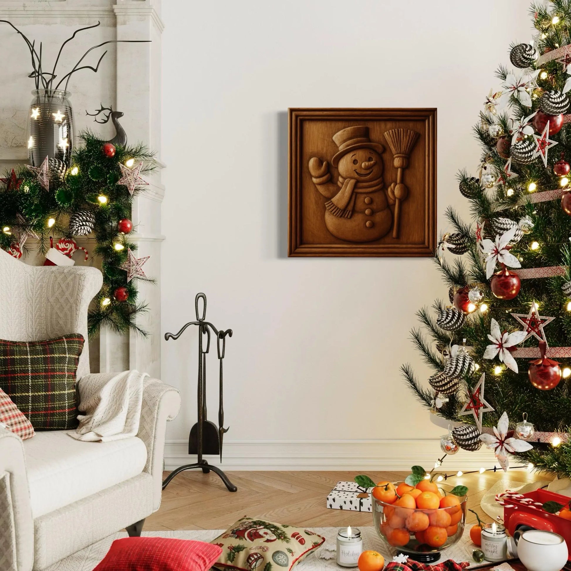 A cozy living room decorated for Christmas features a lit tree, gifts, and oranges. Above the fireplace adorned with greenery and lights hangs the Snowman Winter Relief CNC wall art by Form Arcade.