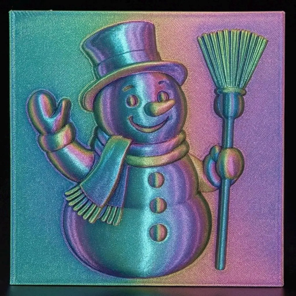 The Snowman Winter Relief STL File by Form Arcade features a shiny, embossed snowman in a top hat and scarf with iridescent metallic effects, perfect for Christmas CNC wall art or as a festive design for your next project.