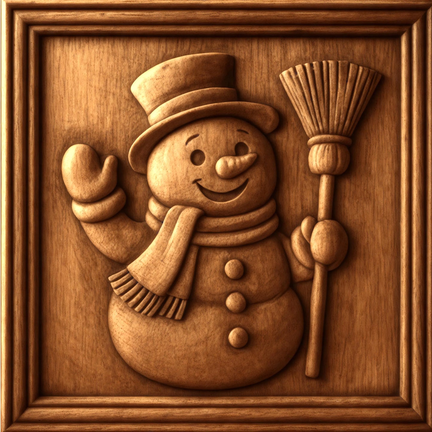Wood carved snowman relief panel holding a broom, featuring detailed textures and layered depth optimized for CNC carving and STL file production.