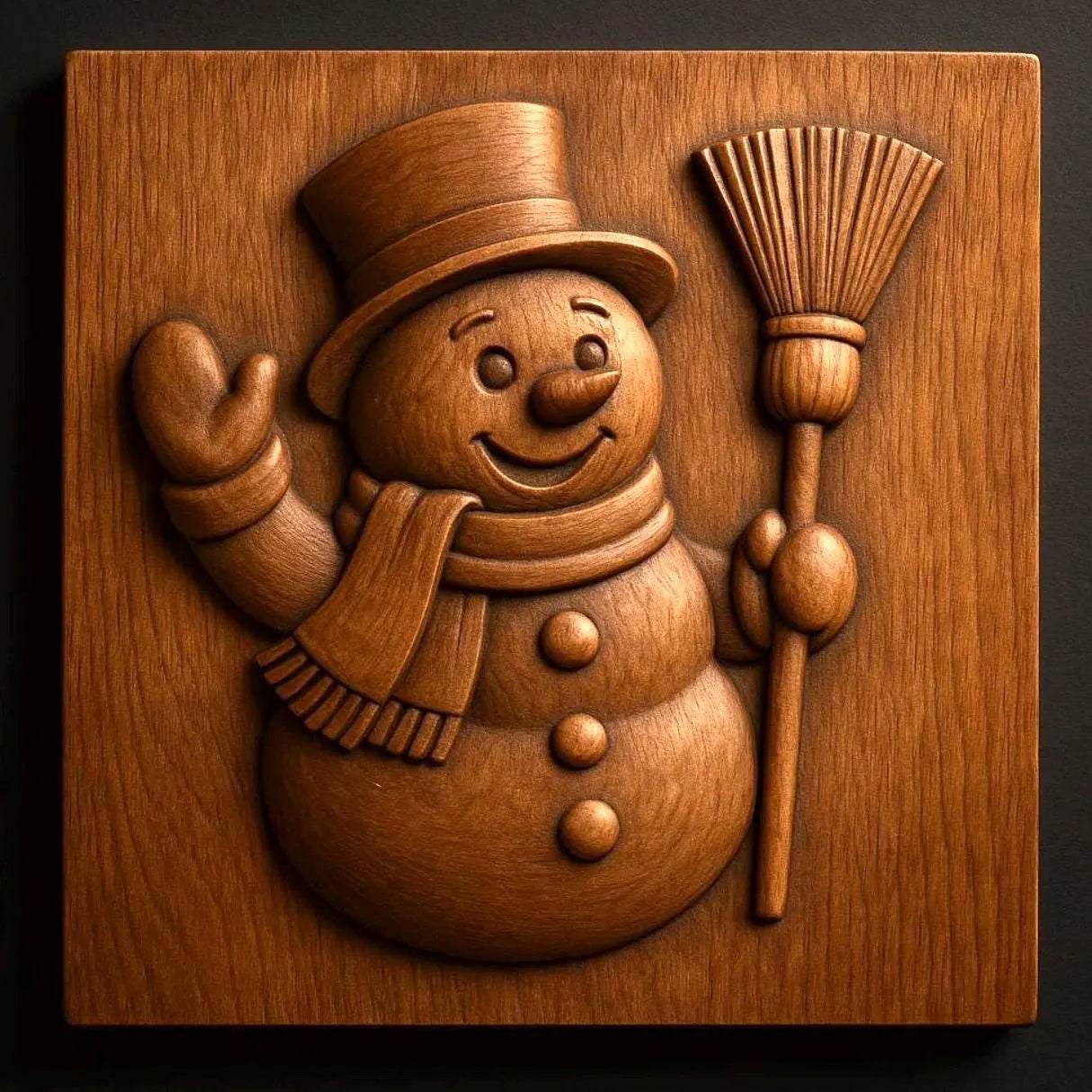 Wood carved snowman relief panel with broom, showcasing smooth carving depth, clean toolpaths, and natural wood grain for CNC projects.