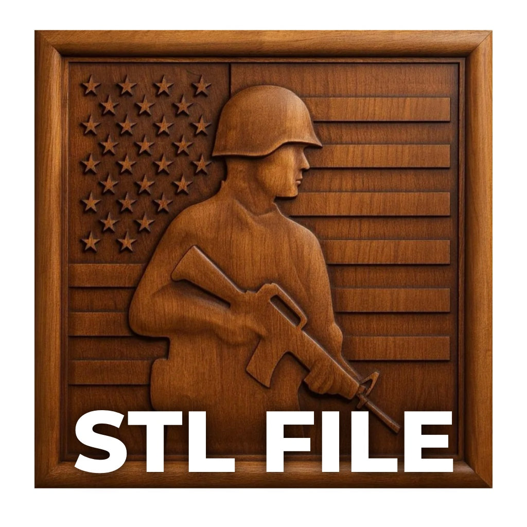 The Soldier Flag Relief STL File by Form Arcade features a soldier with a rifle before an American flag, perfect for 3D printing or CNC wall art. "STL FILE" appears in bold white letters at the bottom.