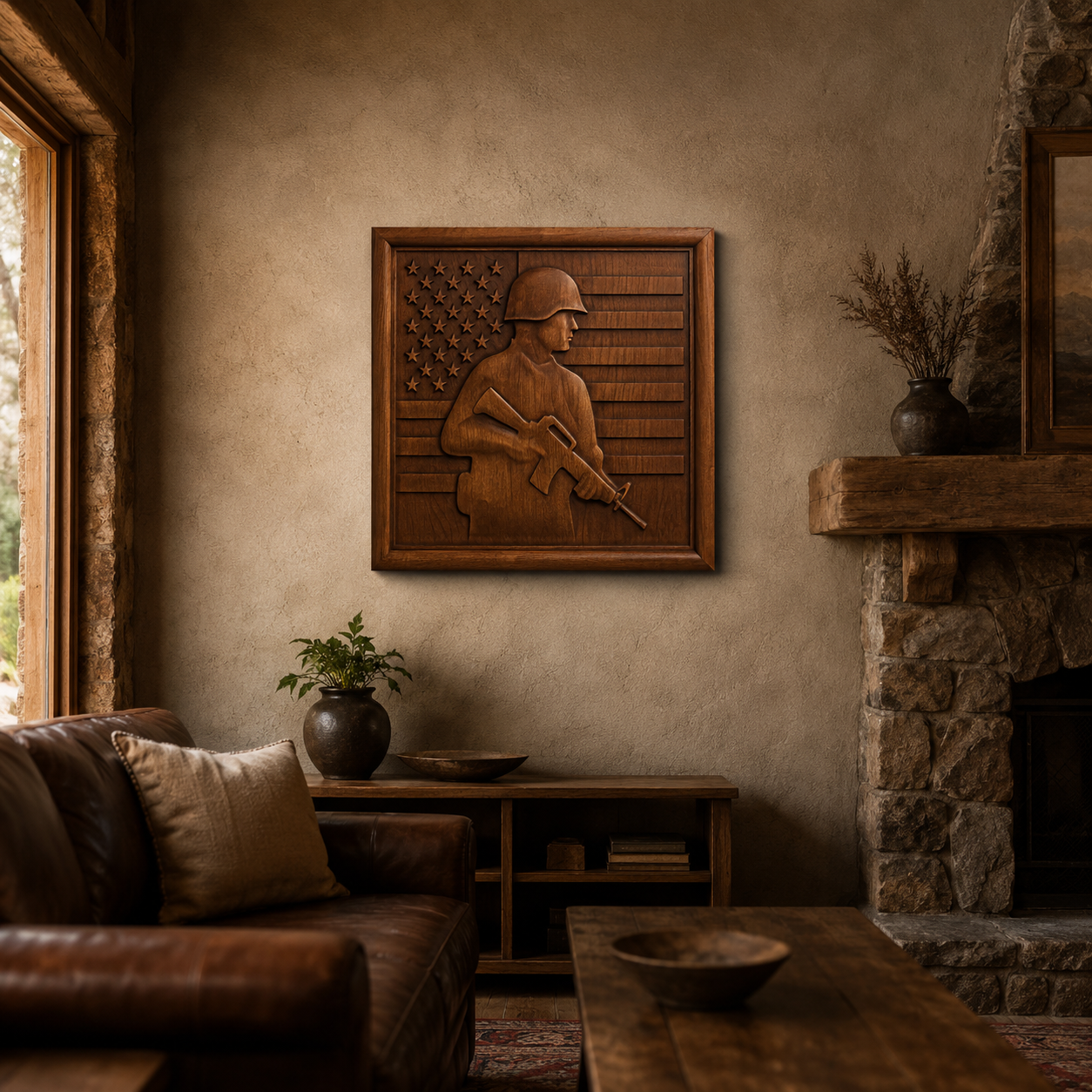A cozy living room features a leather sofa, wooden furniture, and a stone fireplace. Above the cabinet, Form Arcade’s Soldier Flag Relief STL File | Military CNC Wall Art adds a unique touch—ideal for CNC carving or 3D printing fans.
