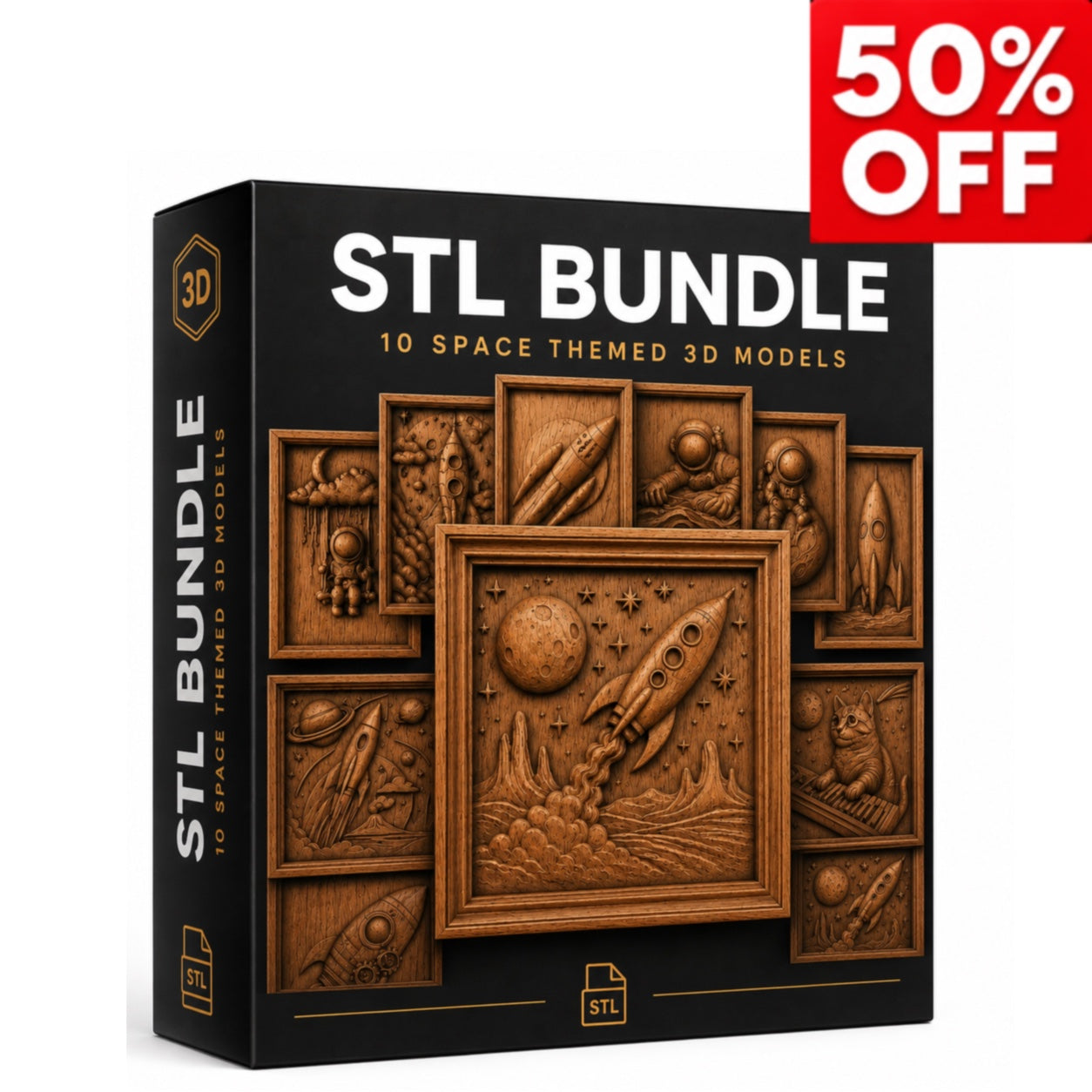 A 3D box labeled "Space Adventure 10-Pack STL Bundle | Rocket & Space CNC Relief Pack" by Form Arcade displays wooden space-themed bas relief STL files. A red banner in the top right advertises 50% OFF in bold white letters.