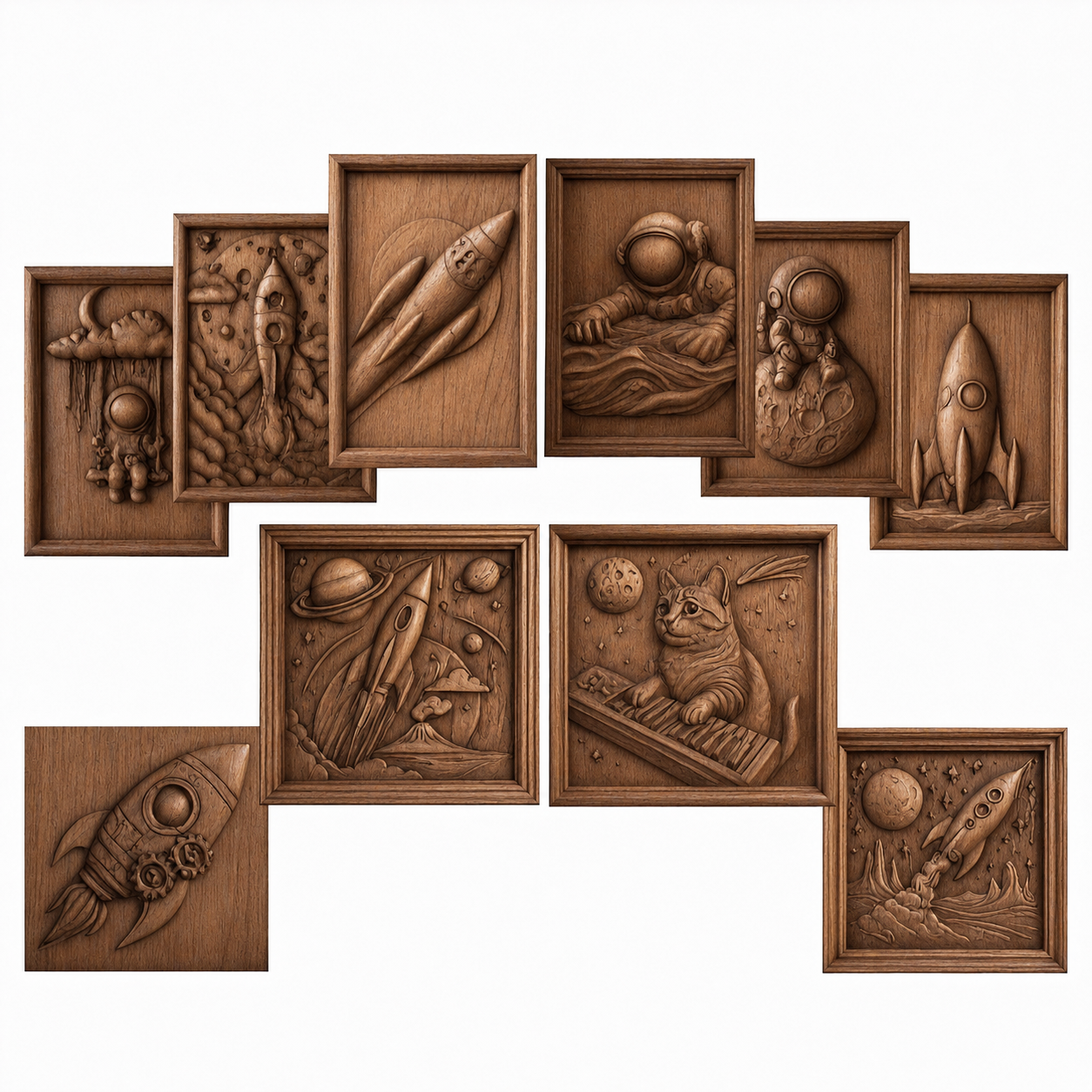The Space Adventure 10-Pack STL Bundle by Form Arcade features rockets, astronauts, planets, and a keyboard-playing space cat—perfect CNC or 3D printable reliefs—arranged in a collage on a white background.