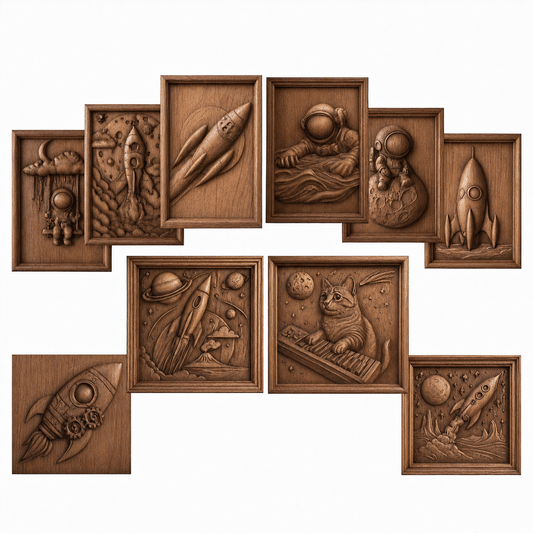 The Space Adventure 10-Pack STL Bundle by Form Arcade features rockets, astronauts, planets, and a keyboard-playing space cat—perfect CNC or 3D printable reliefs—arranged in a collage on a white background.