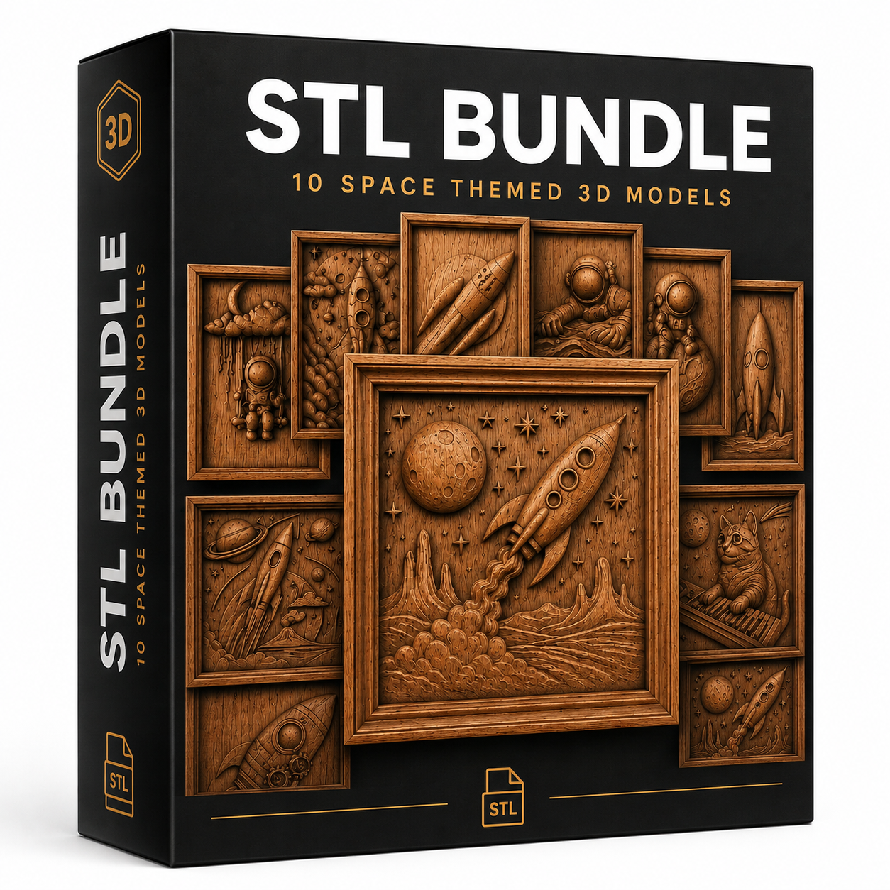 A 3D box for Form Arcade’s Space Adventure 10-Pack STL Bundle | Rocket & Space CNC Relief Pack shows wood art CNC models of rockets, astronauts, and planets—ideal for creating unique space-themed woodworking wall art.
