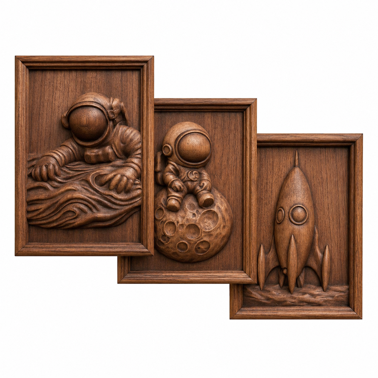 Form Arcade's Space Adventure 10-Pack STL Bundle features intricately detailed rocket and astronaut CNC reliefs, including astronauts on the moon and a retro rocket ship—ideal for CNC carving or as part of your space-themed project collection.