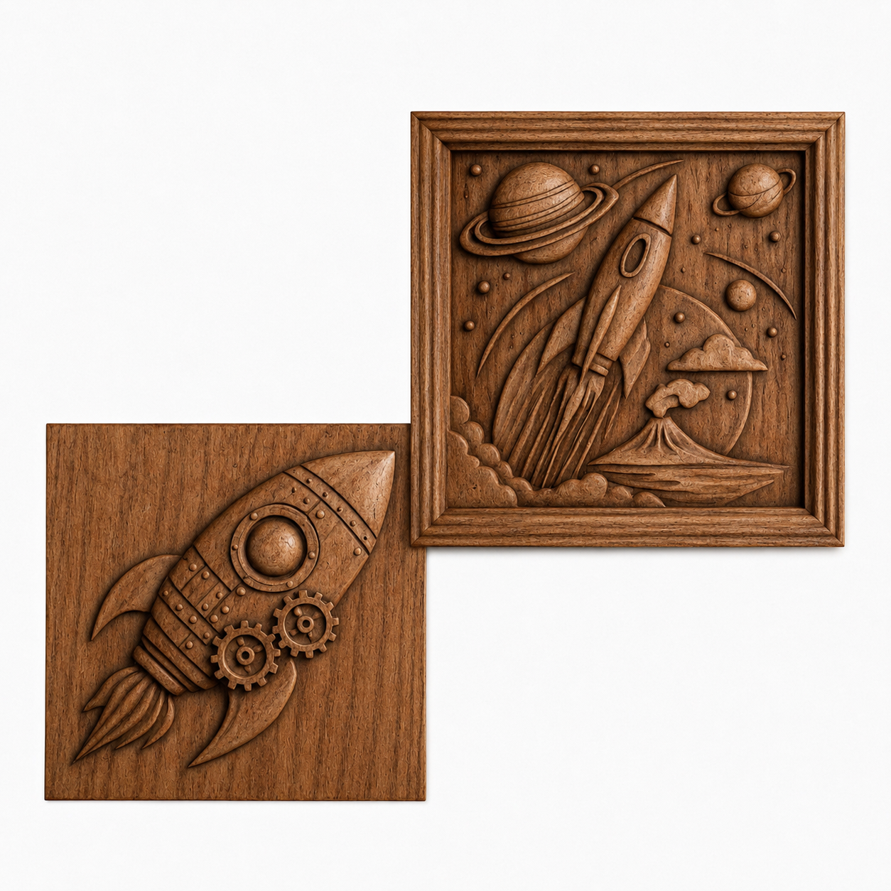The Space Adventure 10-Pack STL Bundle by Form Arcade features rocket and space-themed CNC reliefs with polished details—perfect for carving or creating your own 3D prints.