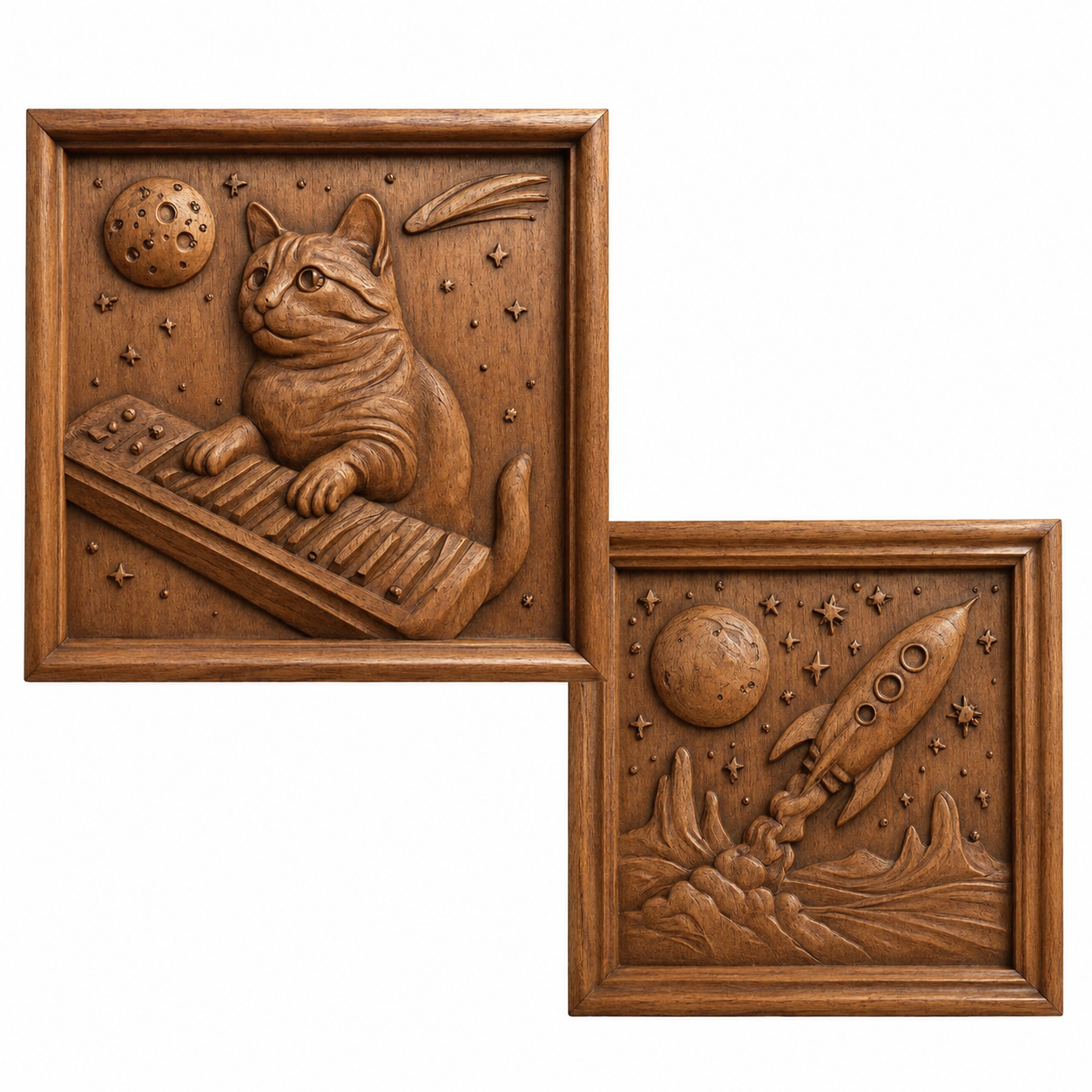 Discover the Space Adventure 10-Pack STL Bundle by Form Arcade—features rocket and space-themed CNC reliefs, including a cat playing keyboard in space and a rocket launch. Ideal for CNC carving or 3D printing.