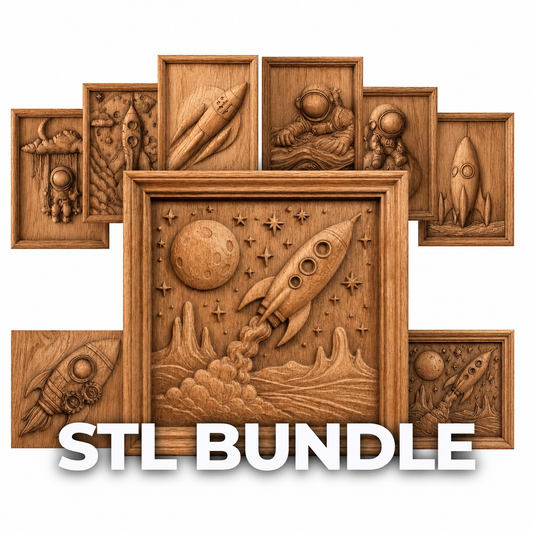 Form Arcade’s Space Adventure 10-Pack STL Bundle features carved plaques with rockets, astronauts, and planets, arranged around a central plaque. Ideal for CNC carving or 3D printing; includes “STL BUNDLE” at the bottom.