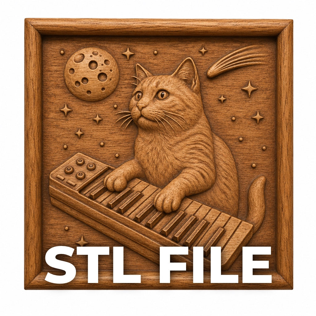 Form Arcade’s "Space Cat Keyboard Relief STL File | Cat CNC Wall Art" features a CNC relief of a cat playing a keyboard among stars, moon, and comet—ideal for woodworking enthusiasts.