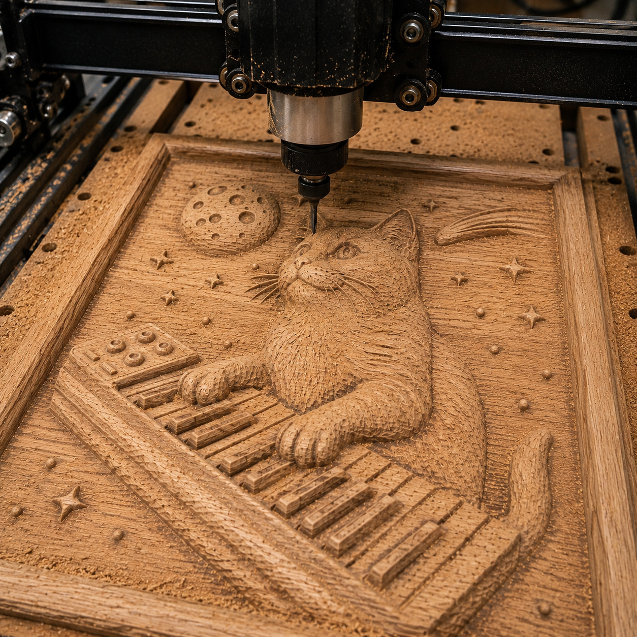 Form Arcade's Space Cat Keyboard Relief STL File lets CNC users carve detailed cat wall art: a feline at a keyboard with stars, planets, and a shooting star—perfect for woodworking enthusiasts seeking creative projects.