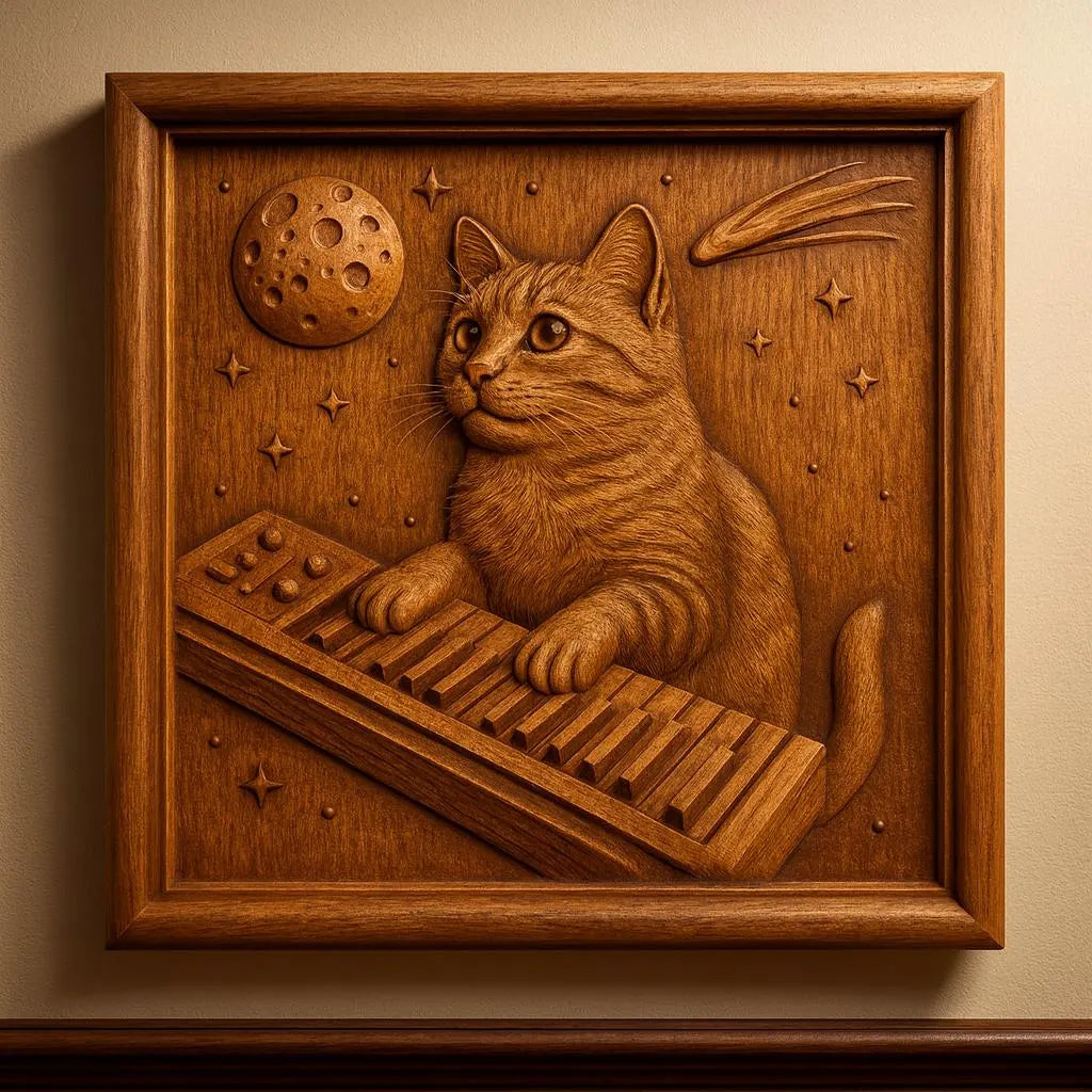 The "Space Cat Keyboard Relief STL File" by Form Arcade features a cat playing a keyboard among stars, a moon, and comet in a wooden frame—ideal as whimsical, space-themed CNC wall art or as an STL file for creative projects.