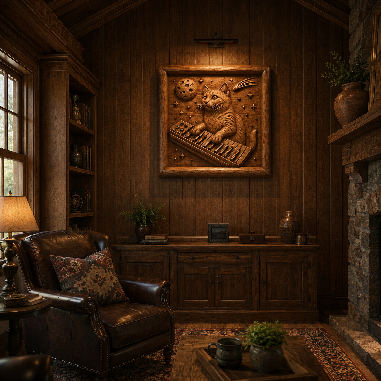 A cozy study with wood-paneled walls showcases Form Arcade’s "Space Cat Keyboard Relief STL File | Cat CNC Wall Art," featuring a space cat surrounded by stars above a cabinet. A leather chair and stone fireplace create the perfect woodworking retreat.