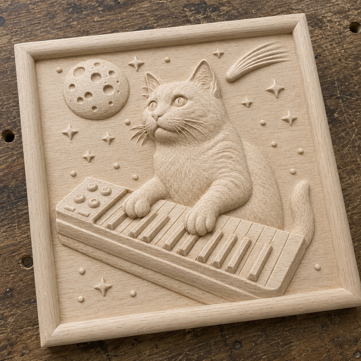 The Space Cat Keyboard Relief STL File by Form Arcade features a CNC-carved cat playing a keyboard, with stars, moon, and shooting star details. A textured background adds depth, making this wall art a unique addition for cat and space lovers.