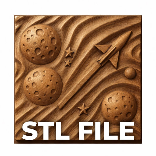 The Space Rocket Planet Relief STL File by Form Arcade is a carved wooden square with planets, stars, and a rocket. “STL FILE” appears in bold white letters—ideal for CNC or 3D printing as Rocket CNC Wall Art.