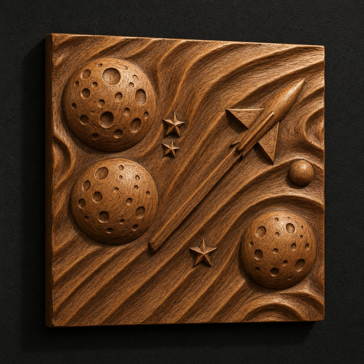 The Rocket Planet Relief STL File by Form Arcade features space CNC wall art with planets, stars, and a rocket ship on a wavy background—perfect for space enthusiasts and woodworking projects.